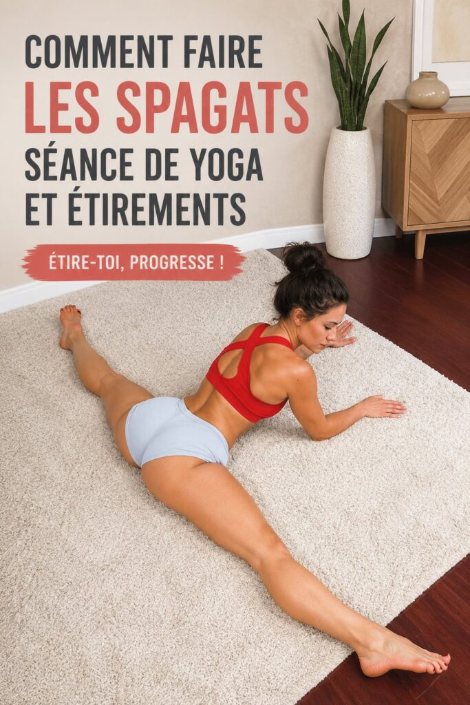 Femme pratiquant le yoga pour atteindre les grands écarts sur une plage en Croatie.