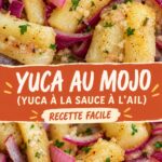 Une assiette de yuca con mojo garnie de sauce à l'ail, symbolisant la cuisine latino-américaine.