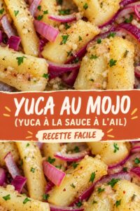 Une assiette de yuca con mojo garnie de sauce à l'ail, symbolisant la cuisine latino-américaine.